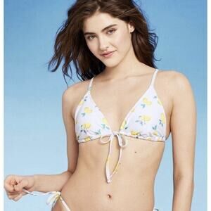 Wild Fable Womens M (8-10) White Lemon Print Tie-Front Triangle Bikini Swim‎ Top